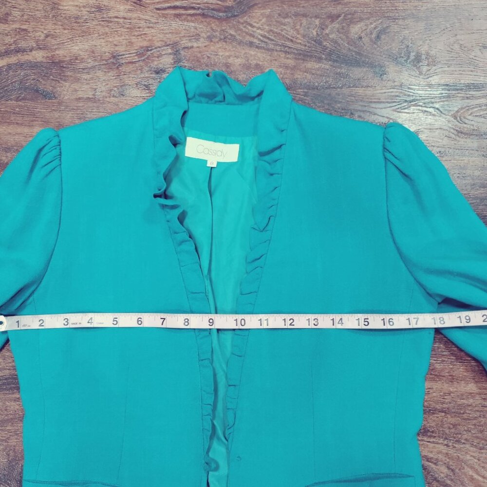 Cassidy Puff Sleeve Ruffle Twee Vintage 80s Tweed Office Blazer Turquoise US 8 - Picture 11 of 11